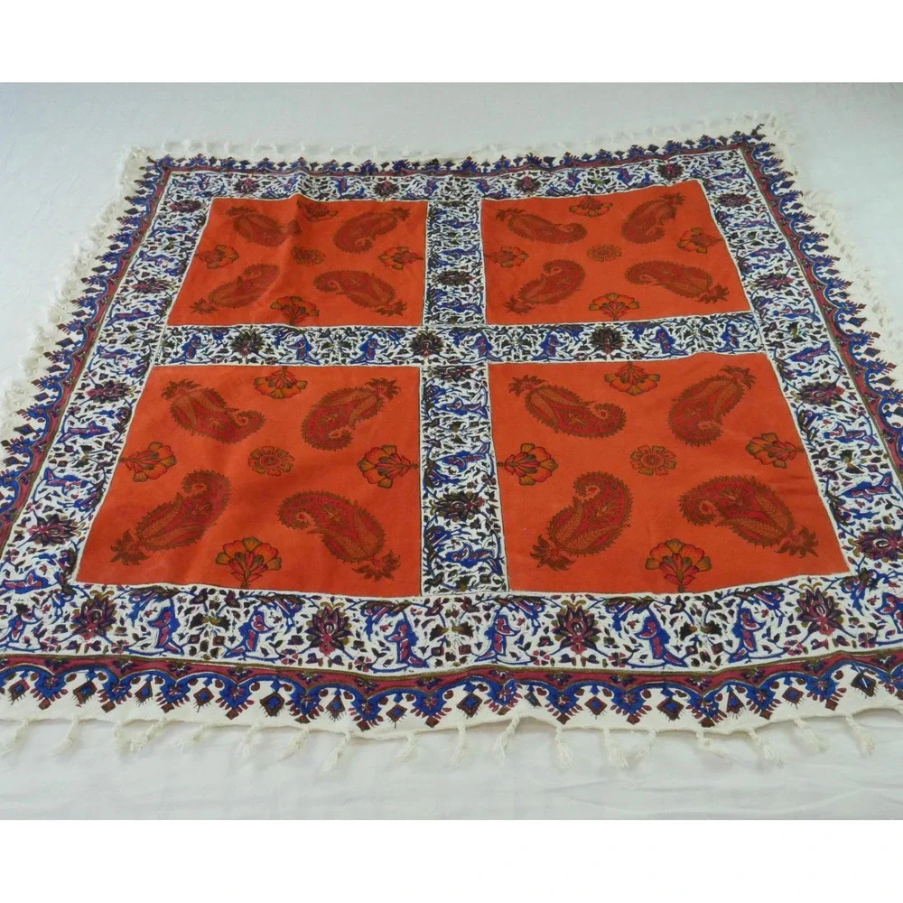 Vintage Hand Block Print Cotton Tablecloth Orange Paisley Fringe Boho 37